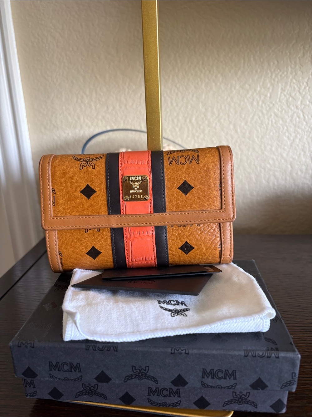 MCM München Cognac Visetos Stripe Trifold Wallet w/ Box Dust Bag